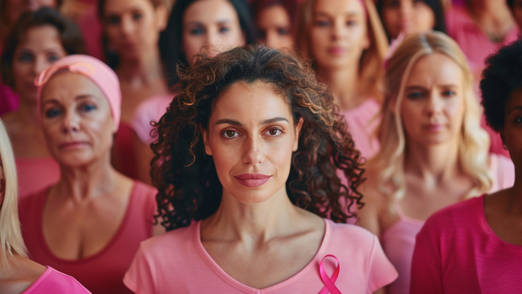 Mutirão de mulheres vestidas de rosa com o símbolo do Outubro Rosa em suas camisetas, juntas pela prevenção e combate ao câncer de mama.