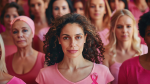 Mutirão de mulheres vestidas de rosa com o símbolo do Outubro Rosa em suas camisetas, juntas pela prevenção e combate ao câncer de mama.